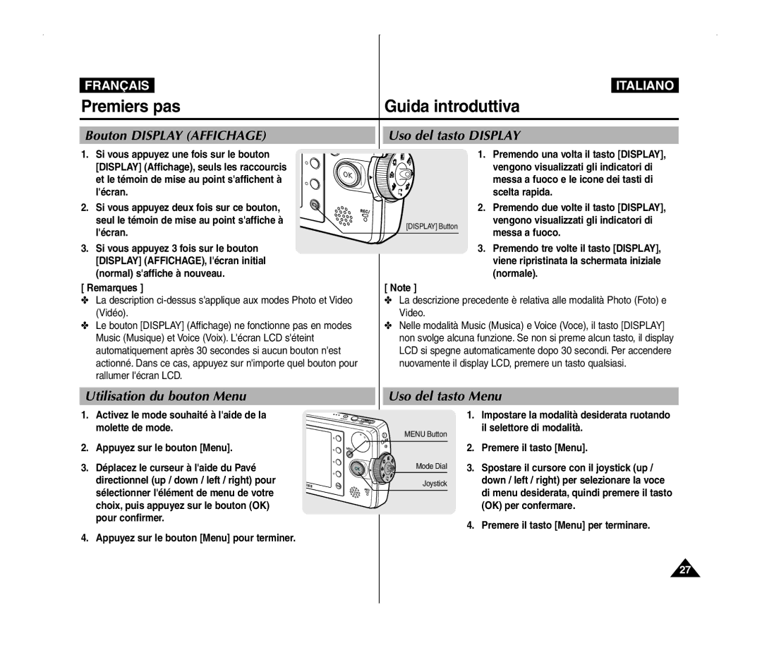 Samsung VP-MM12BL/XET, VP-MM11S/XEF, VP-MM11S/XET Bouton Display Affichage, Utilisation du bouton Menu Uso del tasto Menu 