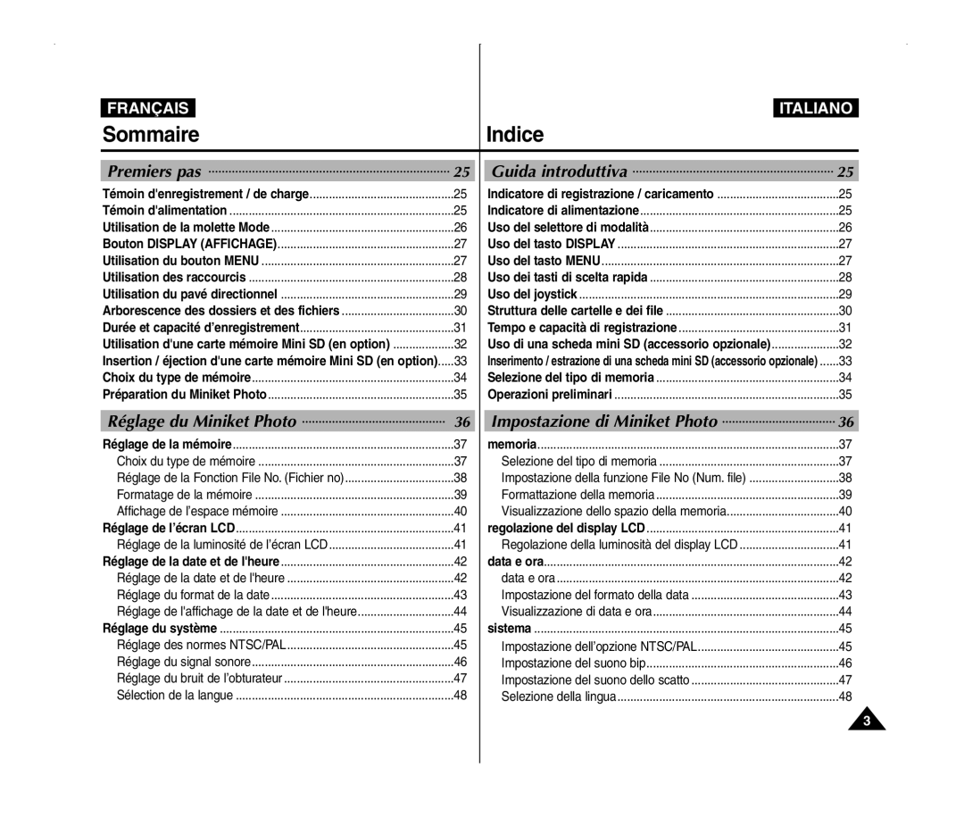 Samsung VP-MM12BL/XET manual Guida introduttiva, Réglage du Miniket Photo Impostazione di Miniket Photo, Premiers pas 