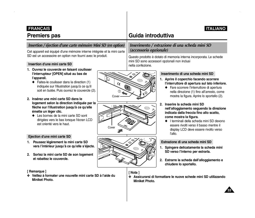 Samsung VP-MM11S/XET, VP-MM11S/XEF, VP-MM12S/XET manual Insertion dune mini carte SD, Estrazione di una scheda mini SD 