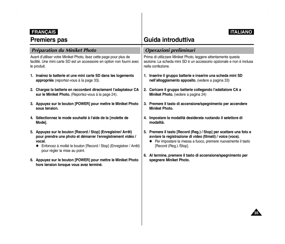 Samsung VP-MM12BL/XET, VP-MM11S/XEF, VP-MM11S/XET, VP-MM12S/XET manual Préparation du Miniket Photo, Operazioni preliminari 