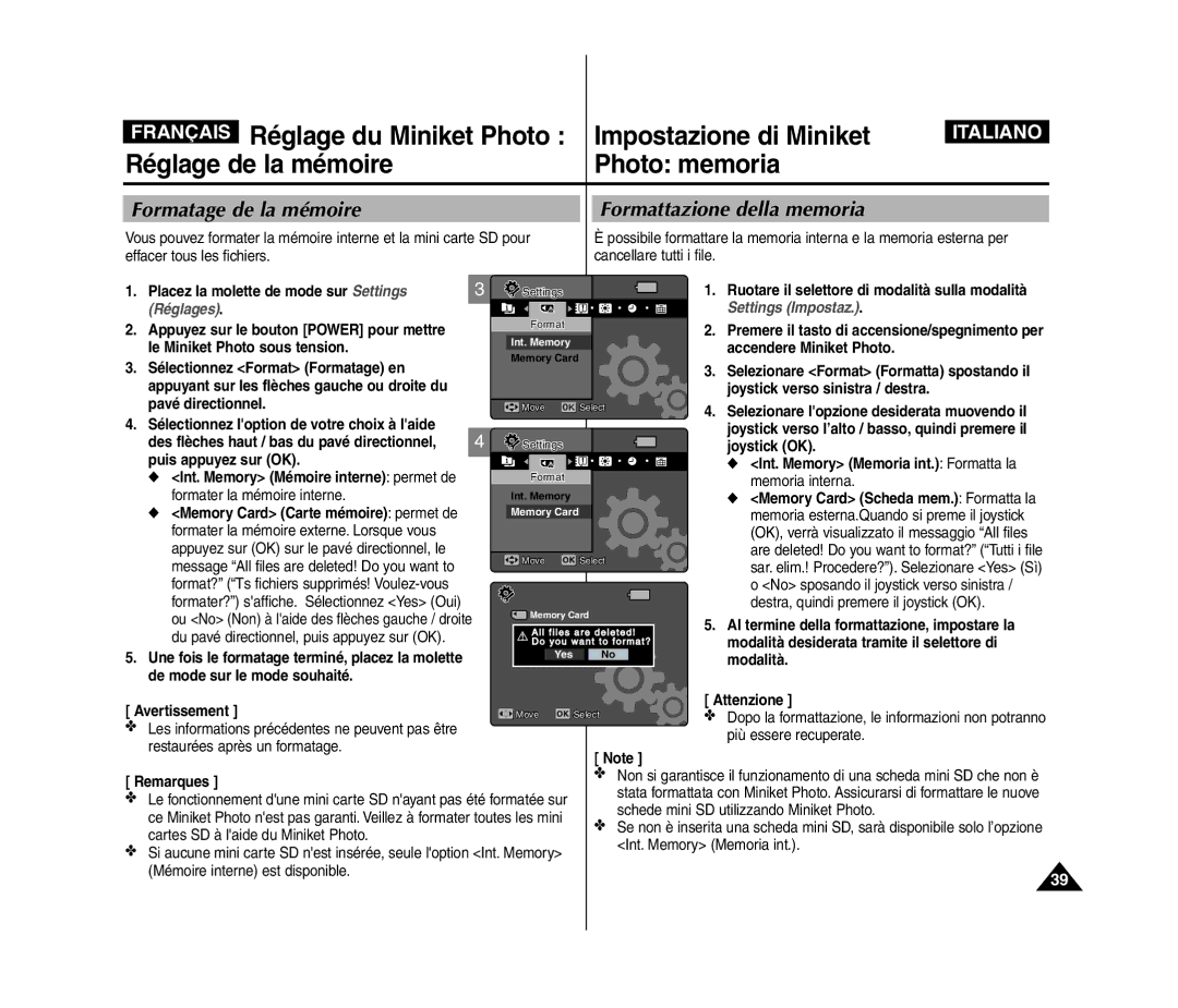 Samsung VP-MM12BL/XET, VP-MM11S/XEF, VP-MM11S/XET, VP-MM12S/XET manual Formatage de la mémoire Formattazione della memoria 