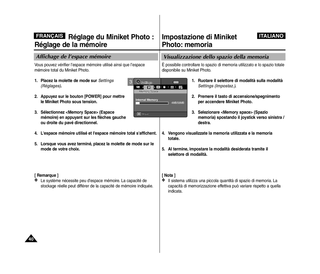 Samsung VP-MM11S/XEF manual Mémoire total du Miniket Photo Disponibile su Miniket Photo, Per accendere Miniket Photo 