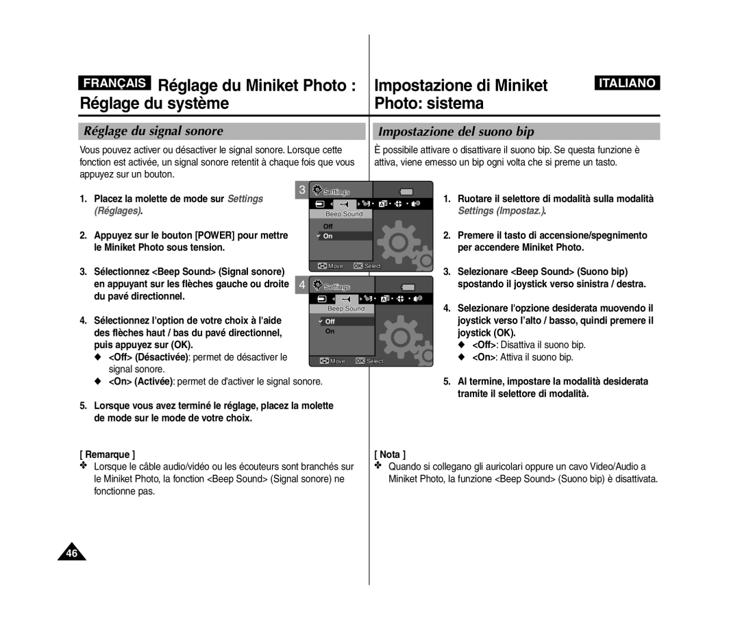 Samsung VP-MM12S/XET, VP-MM11S/XEF, VP-MM11S/XET, VP-MM12BL/XET manual Réglage du signal sonore, Impostazione del suono bip 