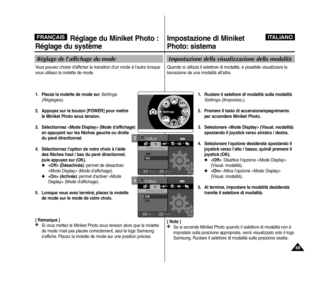 Samsung VP-MM11S/XET, VP-MM11S/XEF manual Réglage de laffichage du mode, Impostazione della visualizzazione della modalità 