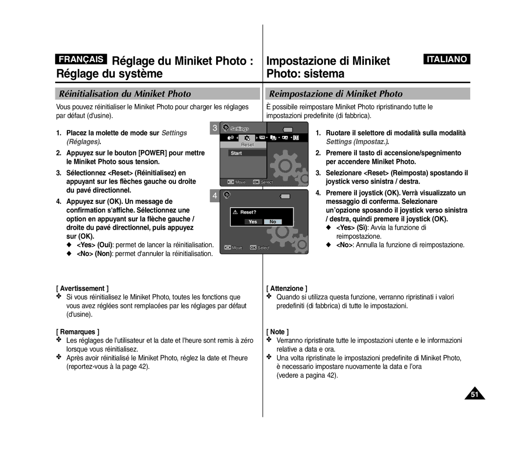 Samsung VP-MM12BL/XET manual Possibile reimpostare Miniket Photo ripristinando tutte le, Joystick verso sinistra / destra 