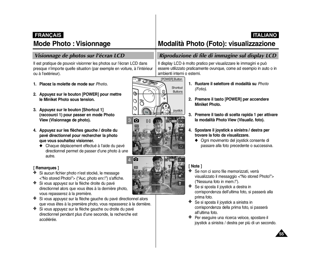 Samsung VP-MM12BL/XET, VP-MM11S/XEF Visionnage de photos sur l’écran LCD, Riproduzione di file di immagine sul display LCD 