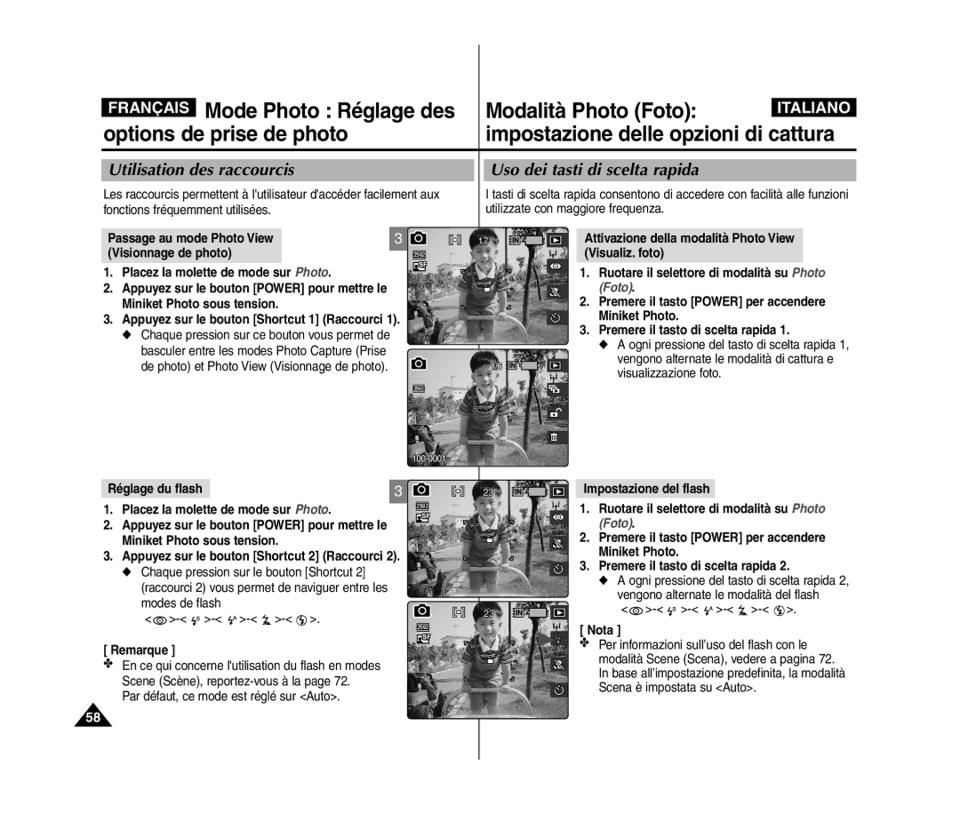 Samsung VP-MM12S/XET, VP-MM11S/XEF, VP-MM11S/XET Mode Photo Réglage des Modalità Photo Foto, Uso dei tasti di scelta rapida 