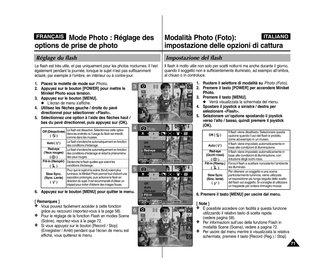 Samsung VP-MM12BL/XET manual Réglage du flash Impostazione del flash, Il flash viene disattivato. Selezionare questa 