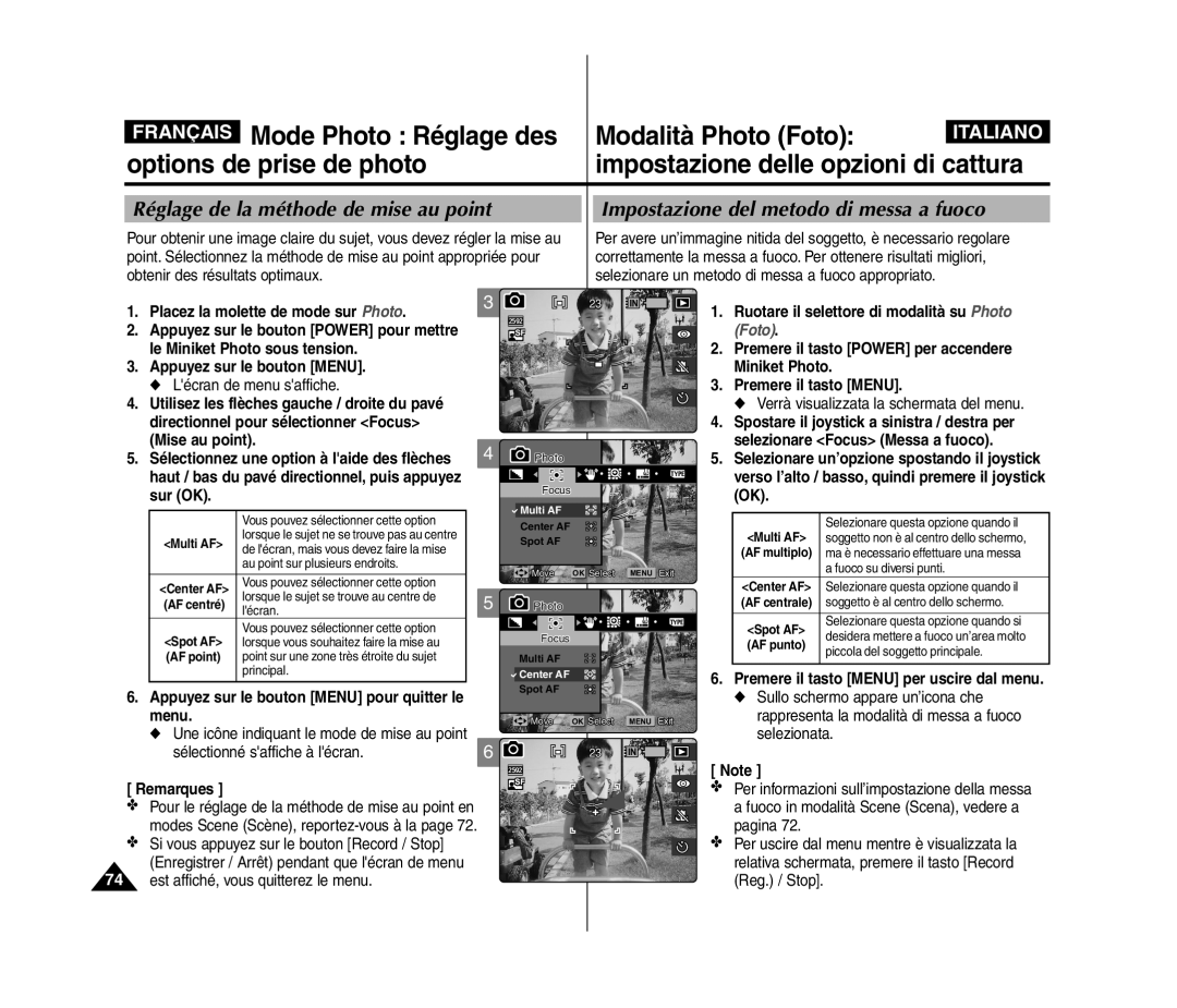 Samsung VP-MM12S/XET, VP-MM11S/XEF manual Impostazione del metodo di messa a fuoco, Réglage de la méthode de mise au point 