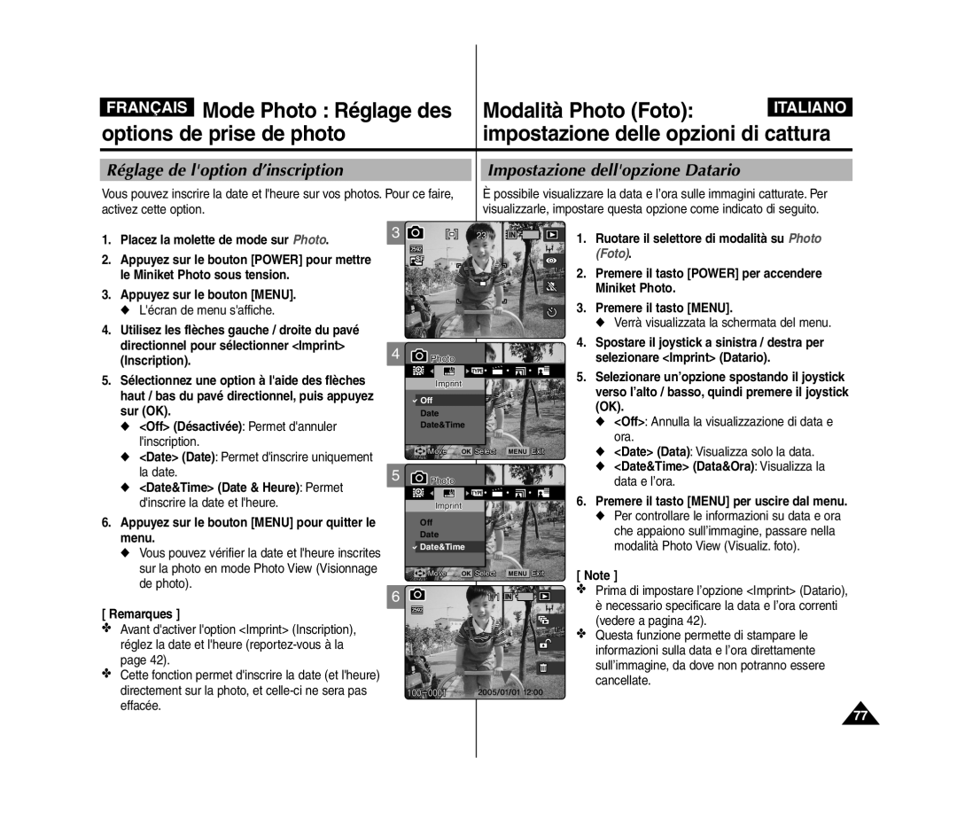 Samsung VP-MM11S/XET Directionnel pour sélectionner Imprint Inscription, Date Date Permet dinscrire uniquement la date 