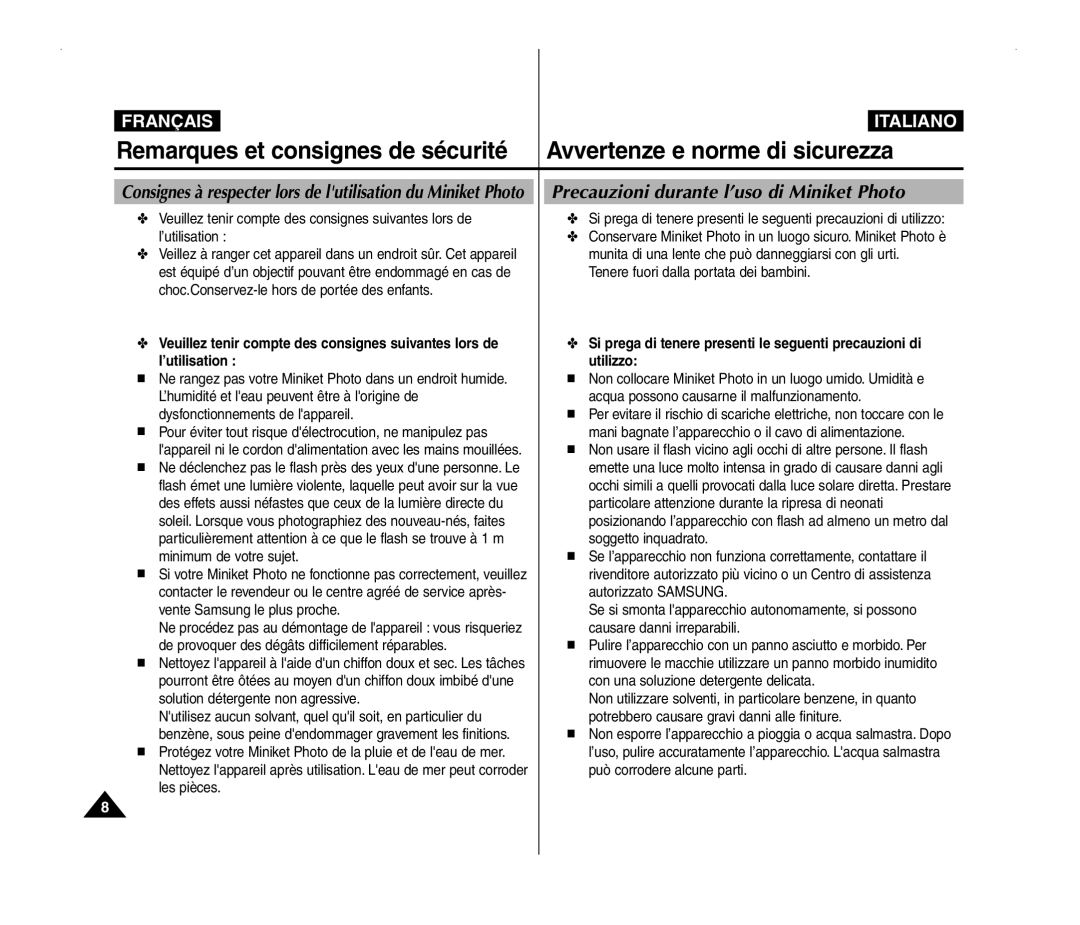 Samsung VP-MM11S/XEF, VP-MM11S/XET, VP-MM12S/XET, VP-MM12BL/XET manual Precauzioni durante l’uso di Miniket Photo 