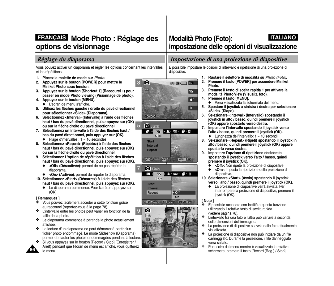 Samsung VP-MM12S/XET, VP-MM11S/XEF, VP-MM11S/XET manual Mode Photo Réglage des, Options de visionnage, Modalità Photo Foto 