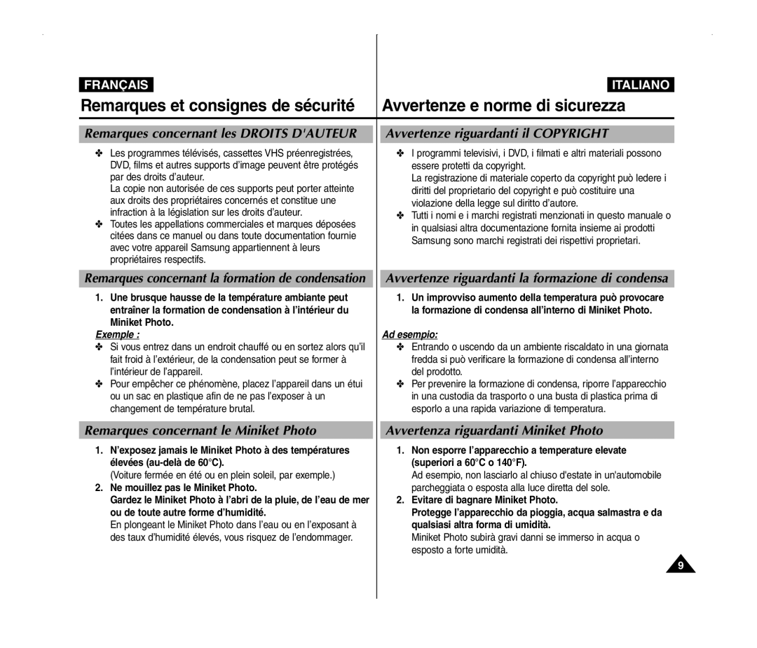 Samsung VP-MM11S/XET, VP-MM11S/XEF manual Remarques concernant les Droits Dauteur, Avvertenze riguardanti il Copyright 