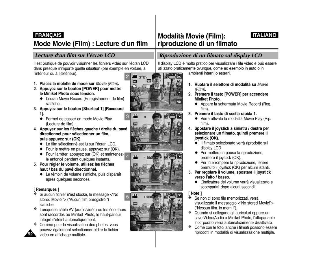 Samsung VP-MM11S/XEF, VP-MM11S/XET, VP-MM12S/XET, VP-MM12BL/XET Mode Movie Film Lecture dun film, Riproduzione di un filmato 