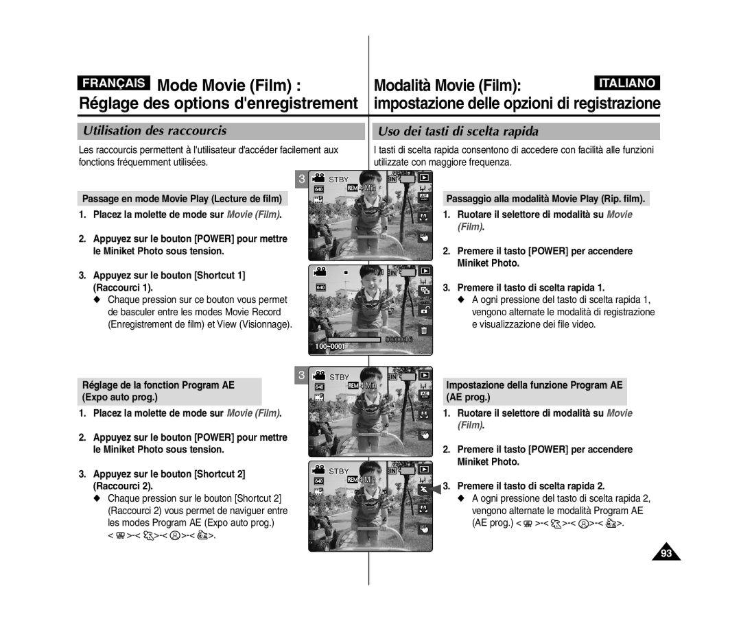 Samsung VP-MM11S/XET, VP-MM11S/XEF Mode Movie Film, Réglage des options denregistrement, Visualizzazione dei file video 