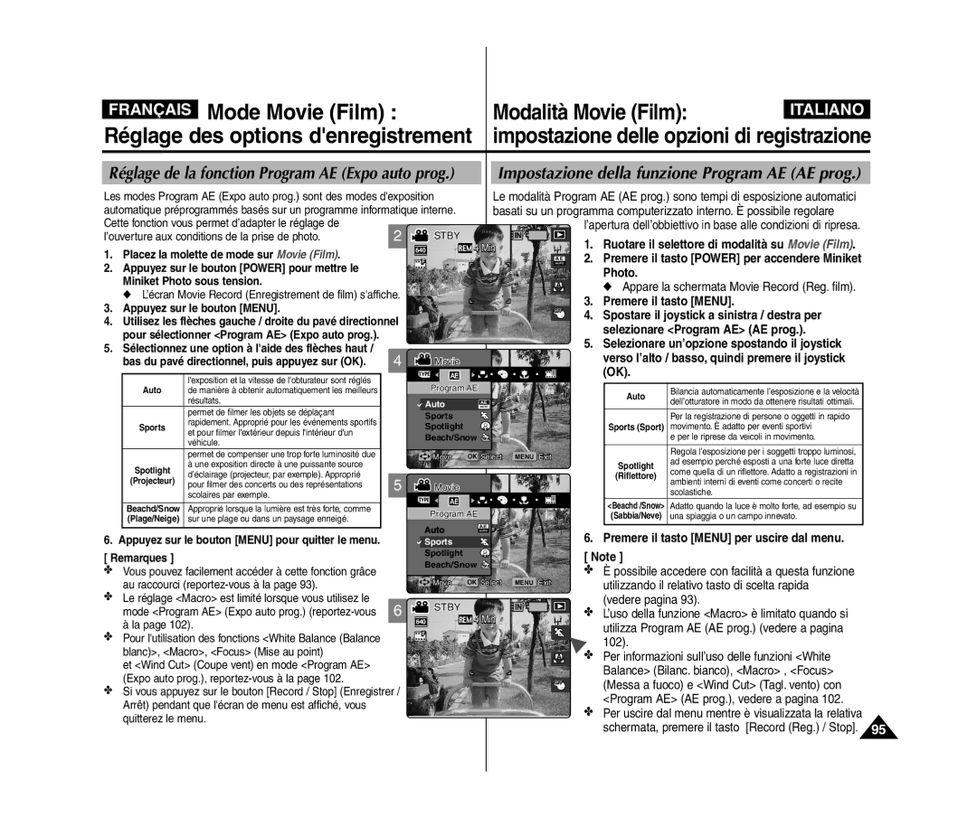 Samsung VP-MM12BL/XET manual Impostazione della funzione Program AE AE prog, Ruotare il selettore di modalità su Movie Film 