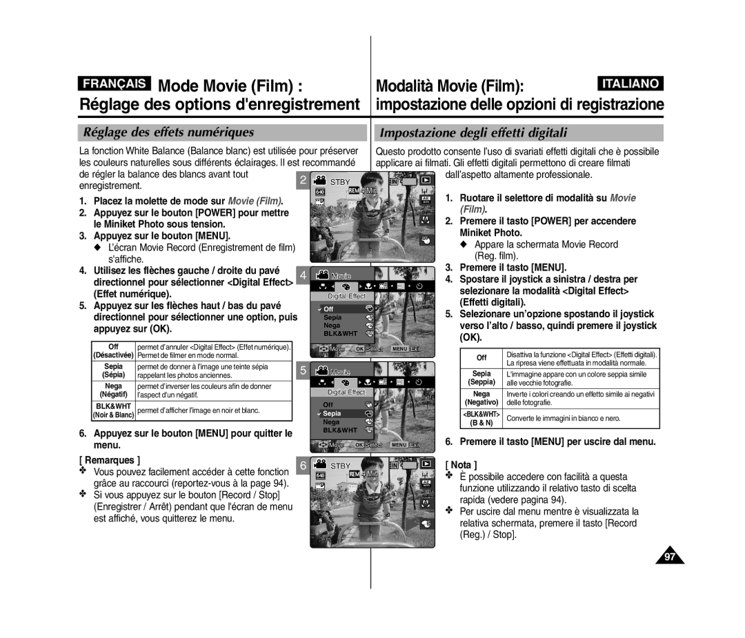 Samsung VP-MM11S/XET Placez la molette de mode sur Movie Film, Appuyez sur le bouton Menu pour quitter le menu Remarques 