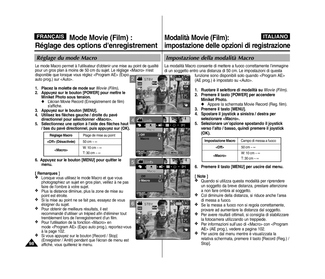 Samsung VP-MM12S/XET manual AE prog. è impostato su Auto, Appare la schermata Movie Record Reg. film, Selezionare Macro 