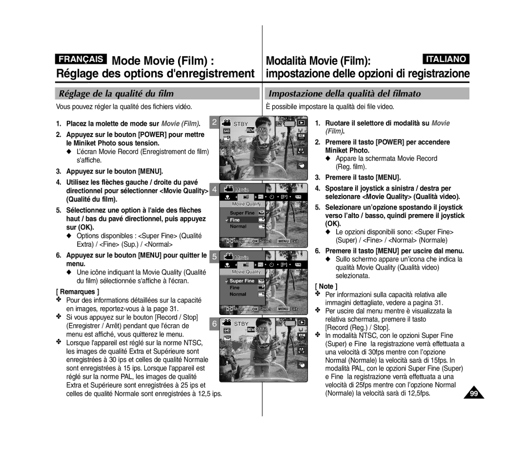 Samsung VP-MM12BL/XET, VP-MM11S/XEF, VP-MM11S/XET Réglage de la qualité du film, Impostazione della qualità del filmato 