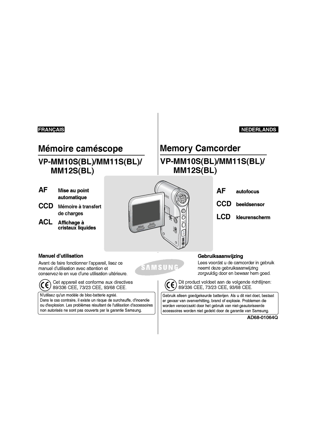 Samsung VP-MM11S/XEF manual Mémoire caméscope Memory Camcorder, AD68-01064Q 