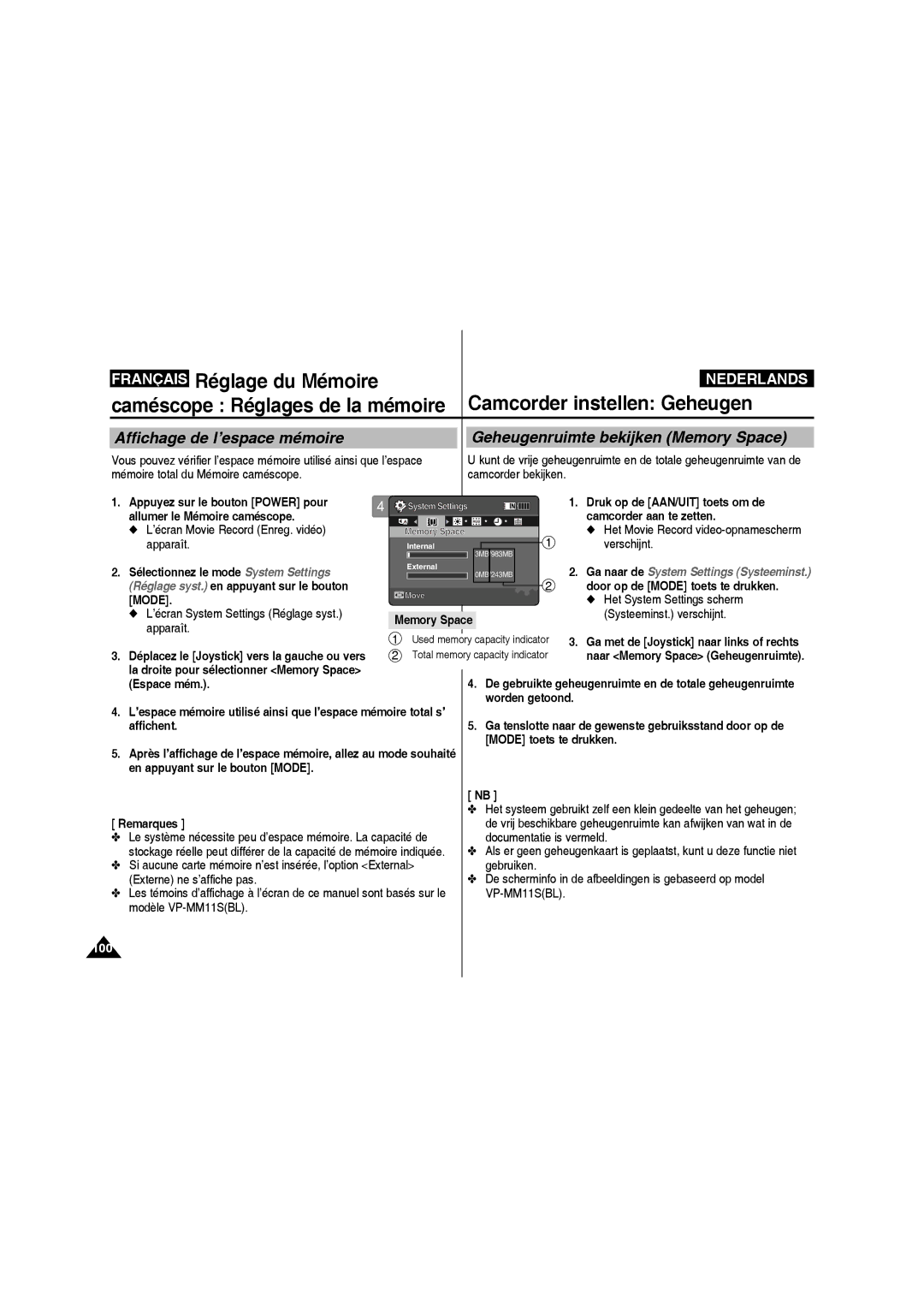 Samsung VP-MM11S/XEF manual Caméscope Réglages de la mémoire 