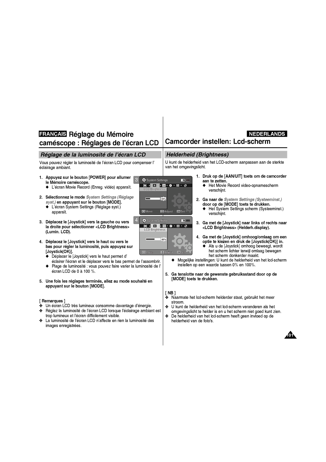 Samsung VP-MM11S/XEF manual Réglage de la luminosité de l’écran LCD, Helderheid Brightness 