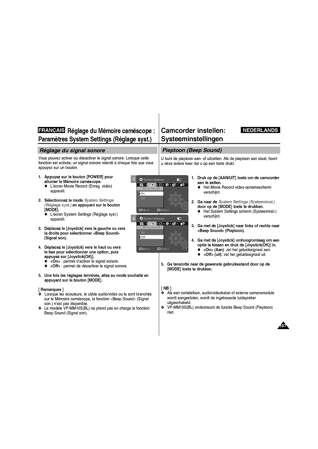 Samsung VP-MM11S/XEF manual Réglage du signal sonore Pieptoon Beep Sound, Allumer le Mémoire caméscope, Signal son 