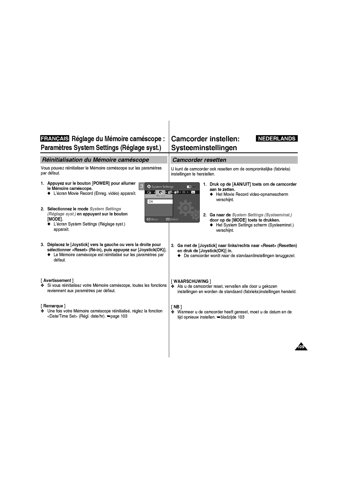 Samsung VP-MM11S/XEF manual Réinitialisation du Mémoire caméscope, Camcorder resetten 