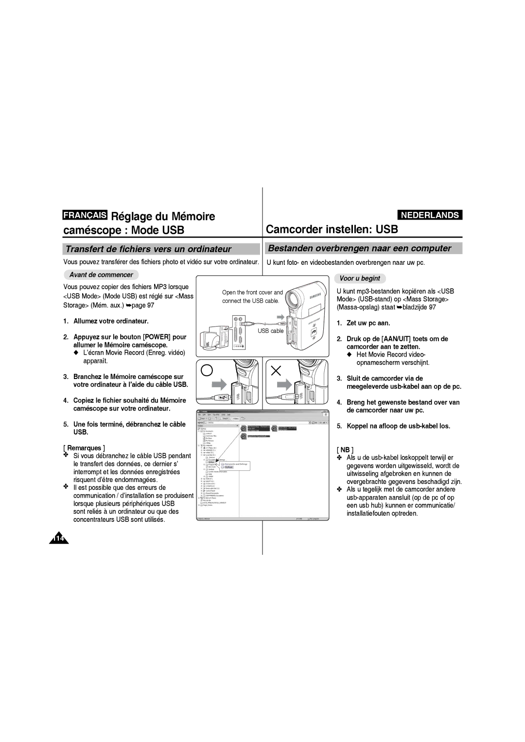 Samsung VP-MM11S/XEF manual Camcorder instellen USB, Caméscope Mode USB, Bestanden overbrengen naar een computer 