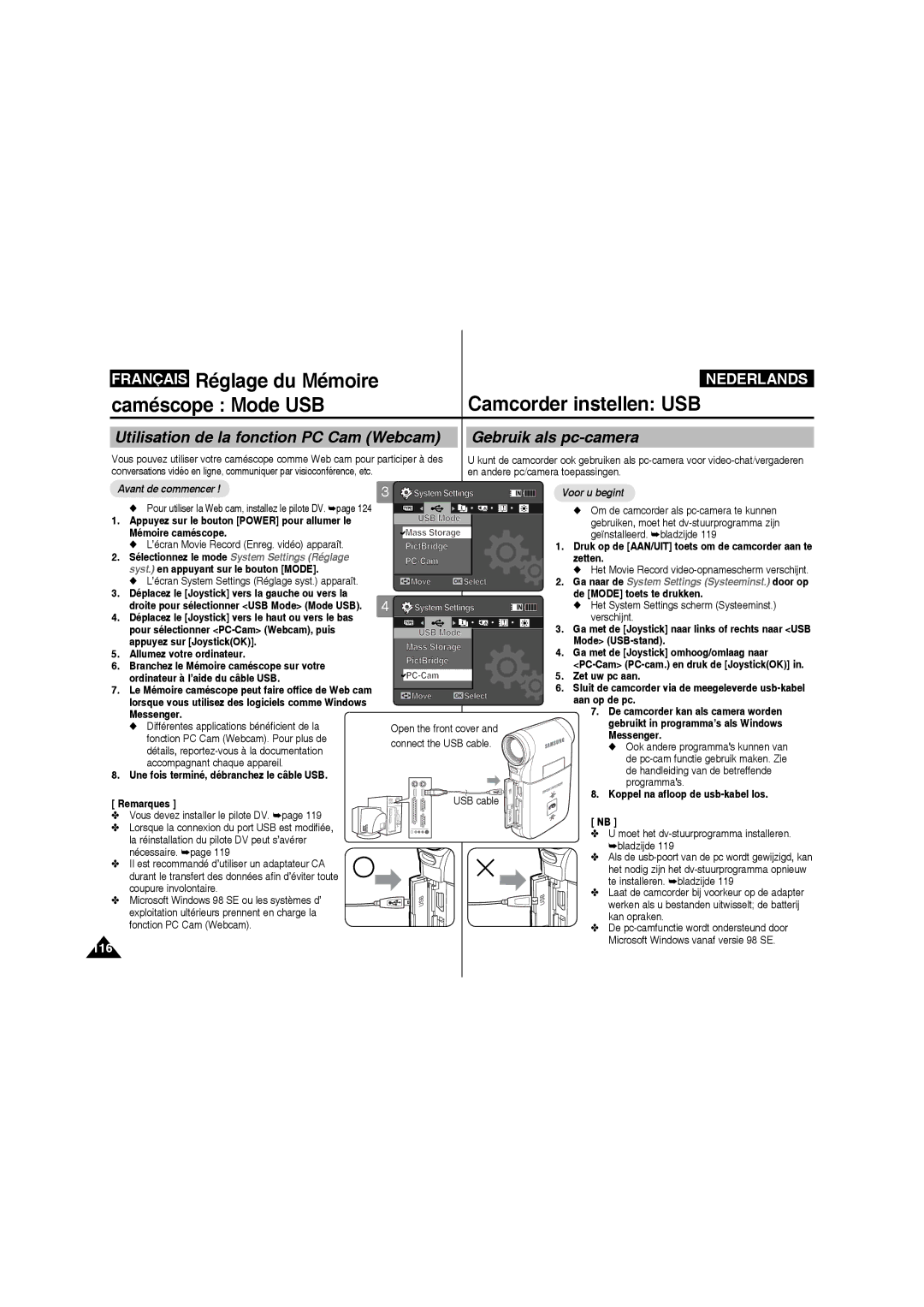 Samsung VP-MM11S/XEF manual Syst. en appuyant sur le bouton Mode, Pour sélectionner PC-Cam Webcam, puis, Mode USB-stand 