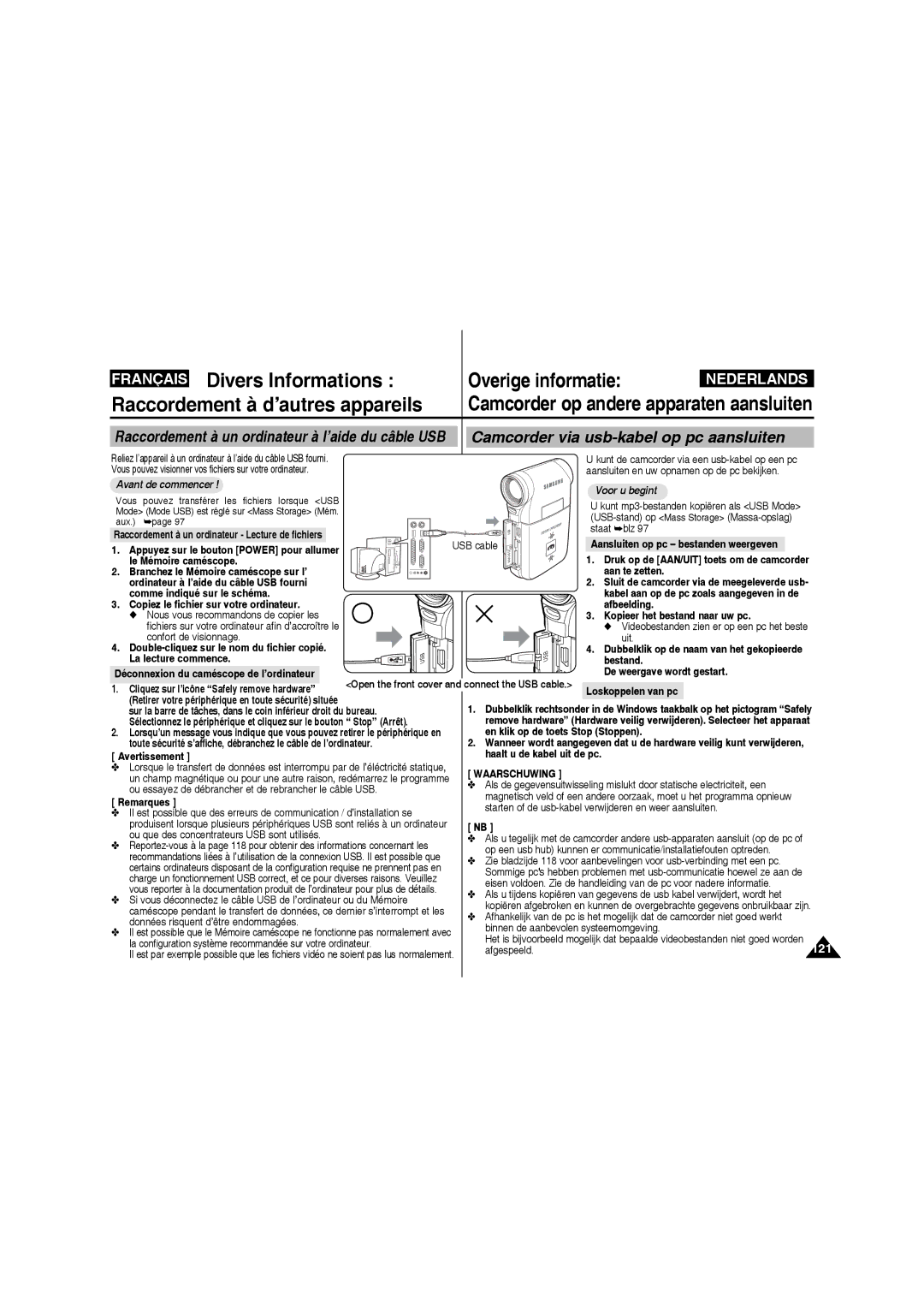 Samsung VP-MM11S/XEF manual Raccordement à d’autres appareils, Camcorder via usb-kabel op pc aansluiten, Loskoppelen van pc 