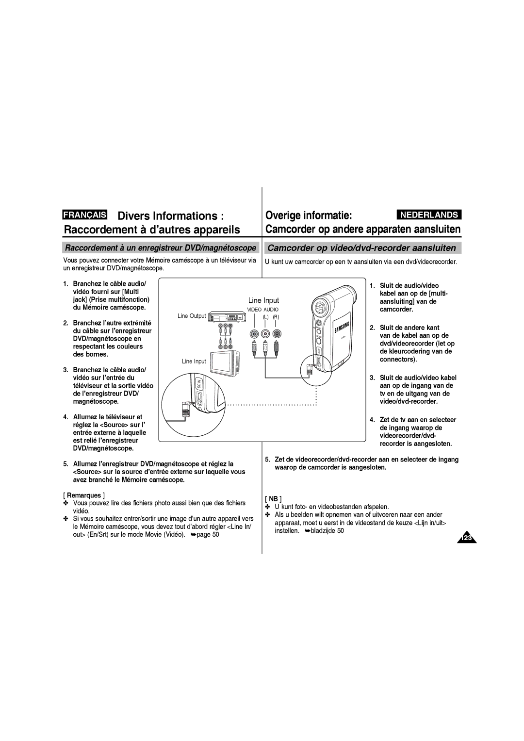 Samsung VP-MM11S/XEF manual Camcorder op video/dvd-recorder aansluiten 