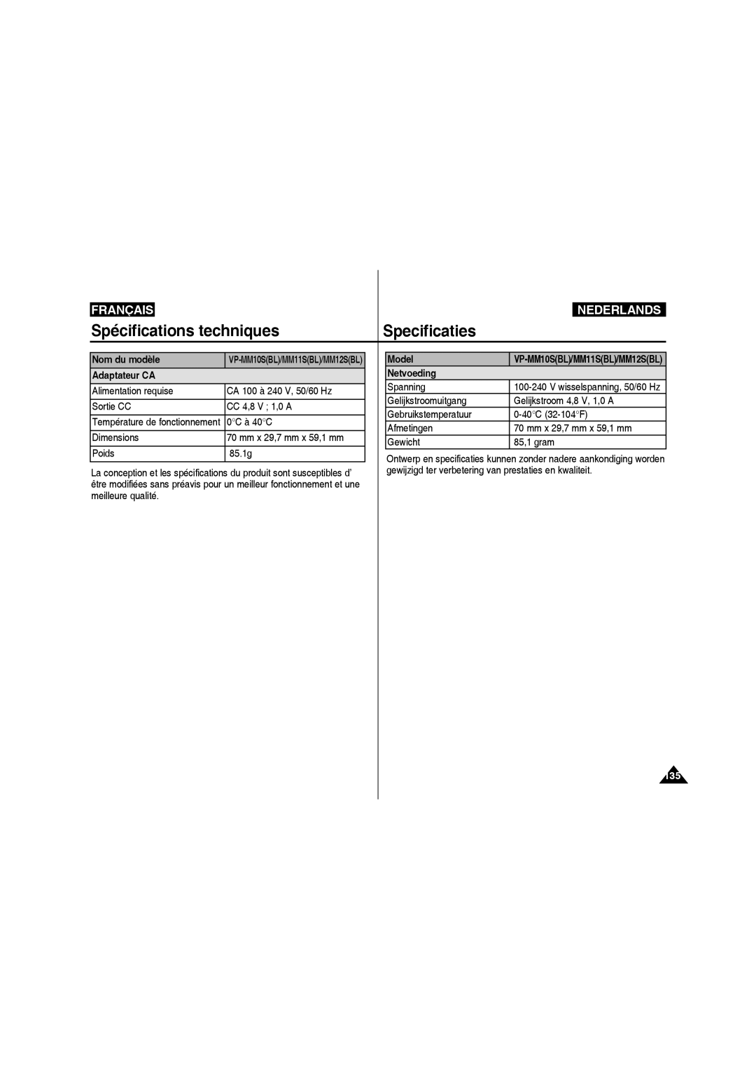 Samsung VP-MM11S/XEF manual Nom du modèle, Adaptateur CA, Model, Netvoeding 