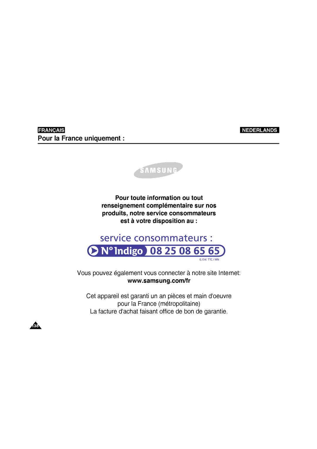 Samsung VP-MM11S/XEF manual Pour la France uniquement, Pour toute information ou tout 