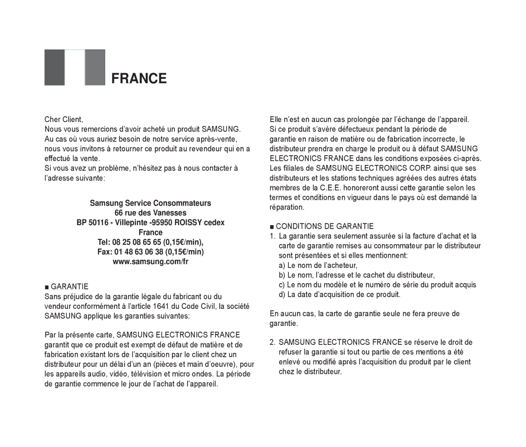 Samsung VP-MM11S/XEF manual France 
