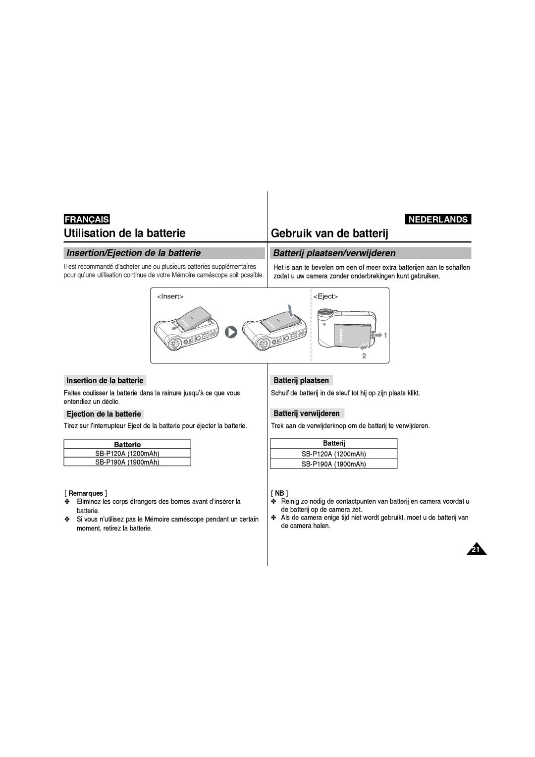 Samsung VP-MM11S/XEF manual Ejection de la batterie, Batterij verwijderen, Insert Eject, SB-P120A 1200mAh SB-P190A 1900mAh 