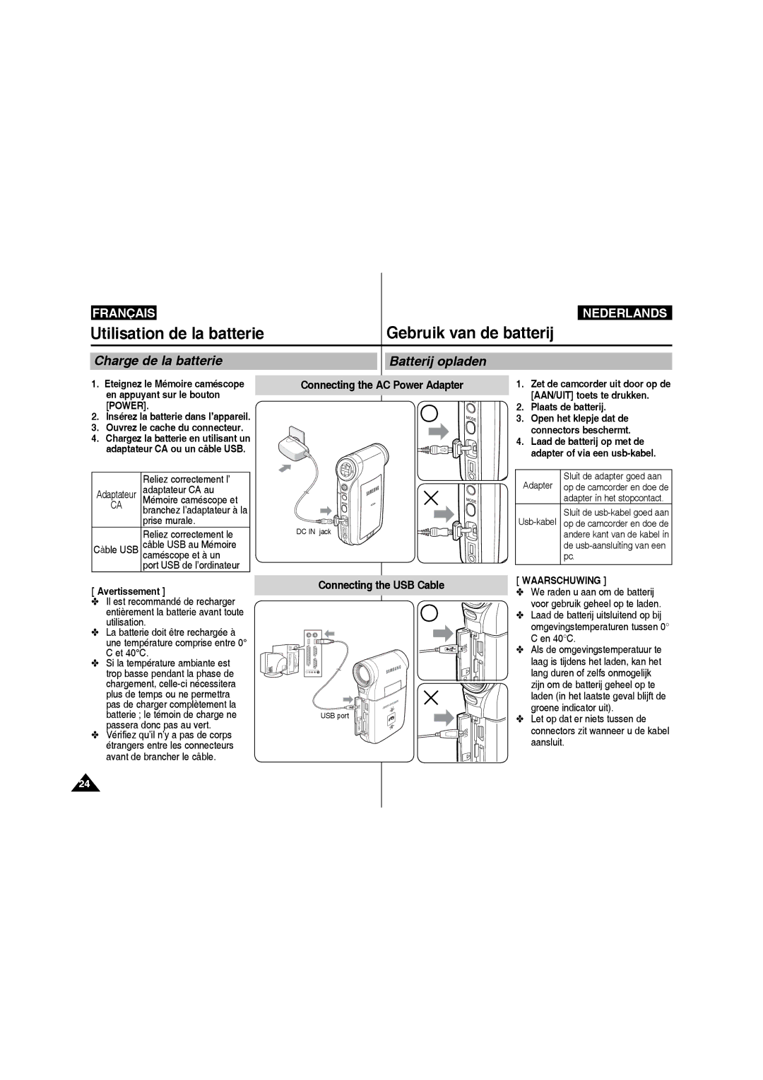 Samsung VP-MM11S/XEF manual Utilisation de la batterie, Batterij opladen, Connecting the USB Cable, Plaats de batterij 