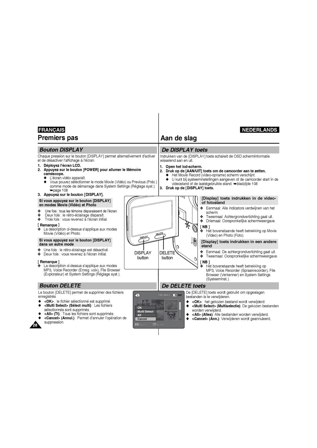 Samsung VP-MM11S/XEF manual Bouton DISPLAYDe Display toets, Bouton Delete De Delete toets, Button button 