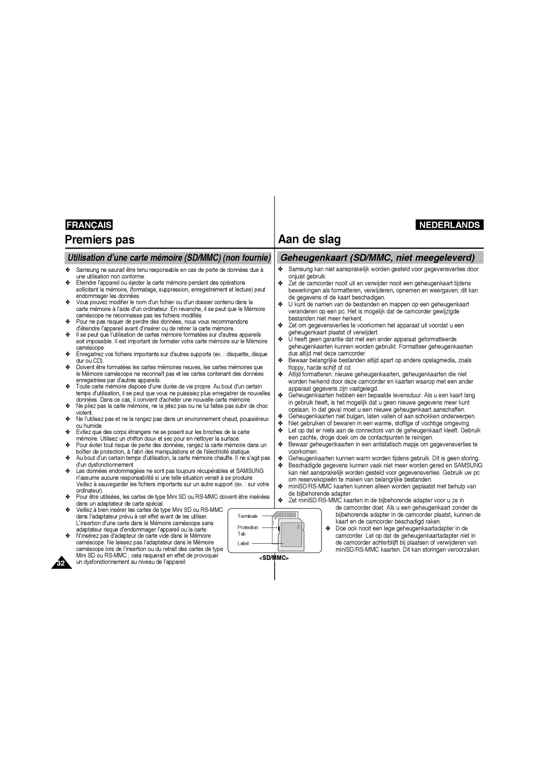 Samsung VP-MM11S/XEF manual Geheugenkaart SD/MMC, niet meegeleverd 