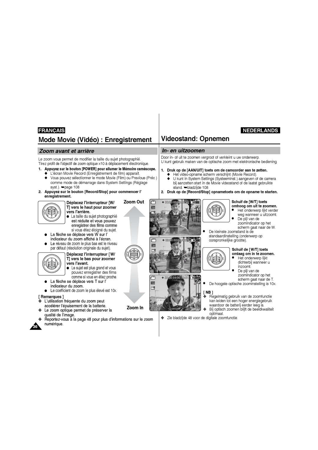 Samsung VP-MM11S/XEF manual Zoom avant et arrière In- en uitzoomen, Zoom Out, Vers l’arrière, Vers l’avant 