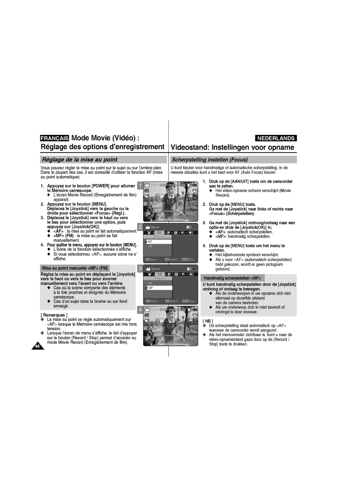 Samsung VP-MM11S/XEF manual Réglage de la mise au point Scherpstelling instellen Focus, Appuyez sur JoystickOK 