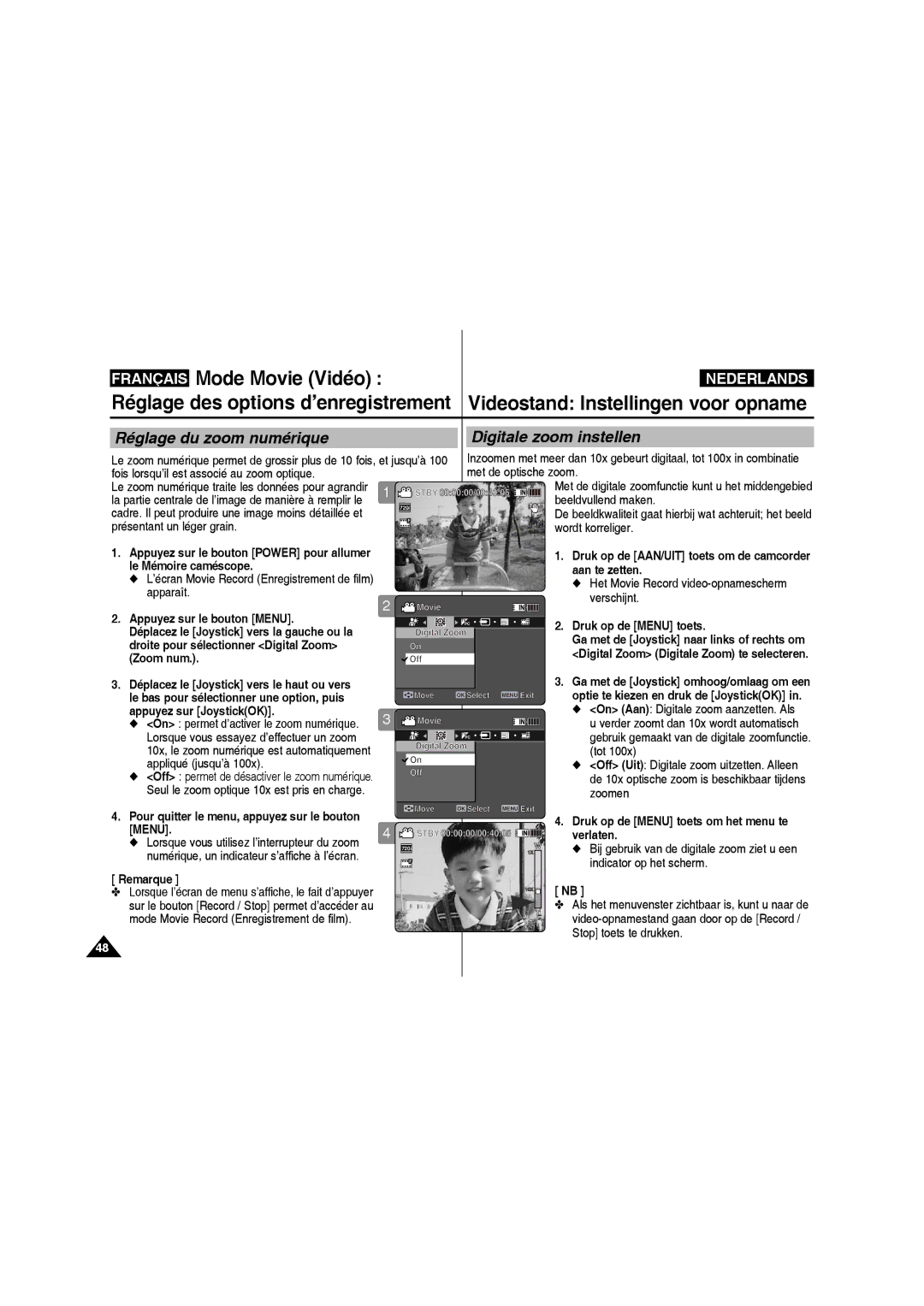 Samsung VP-MM11S/XEF manual Réglage du zoom numériqueDigitale zoom instellen, Zoom num 