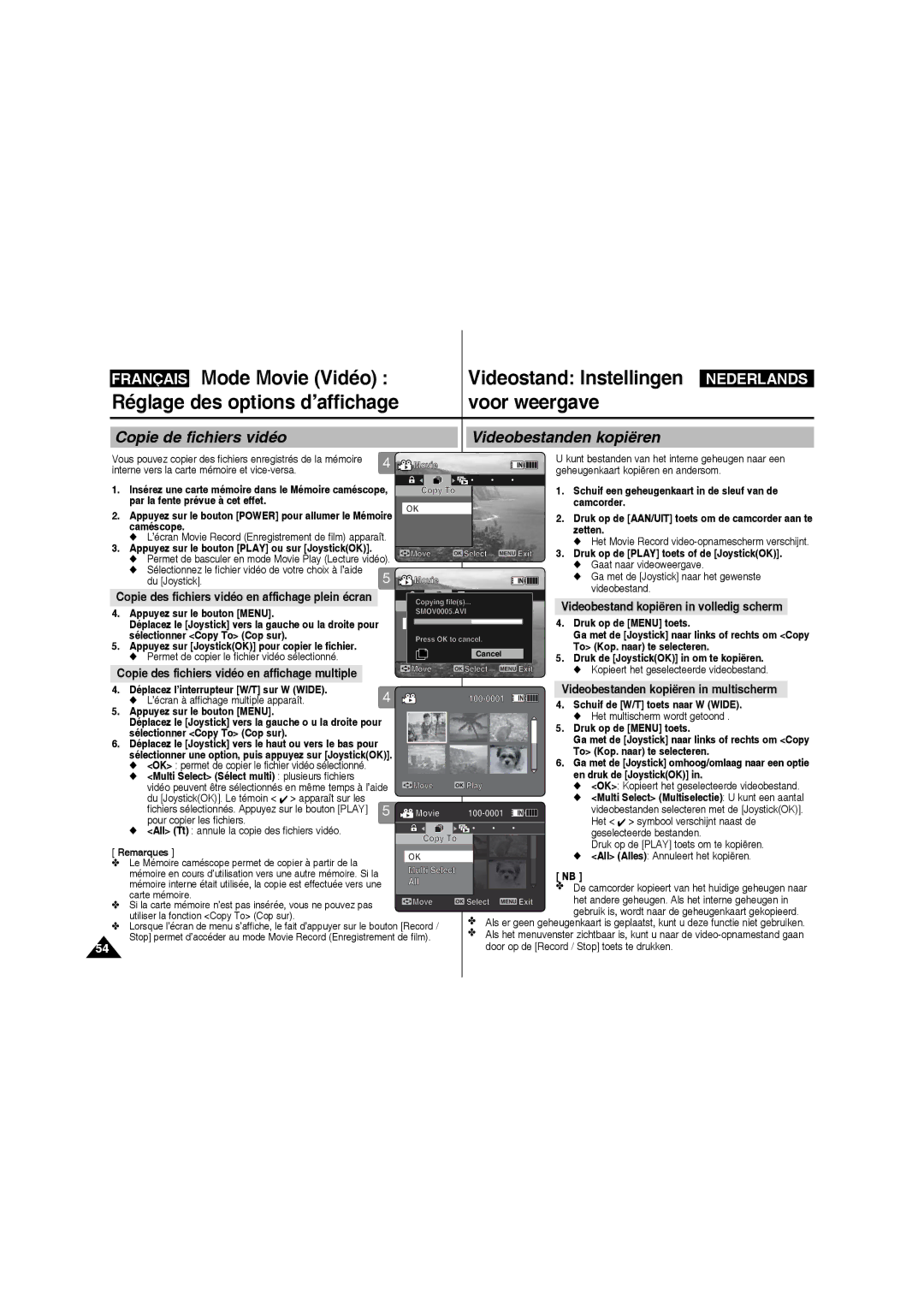 Samsung VP-MM11S/XEF manual Copie de fichiers vidéo Videobestanden kopiëren, Videobestand kopiëren in volledig scherm 