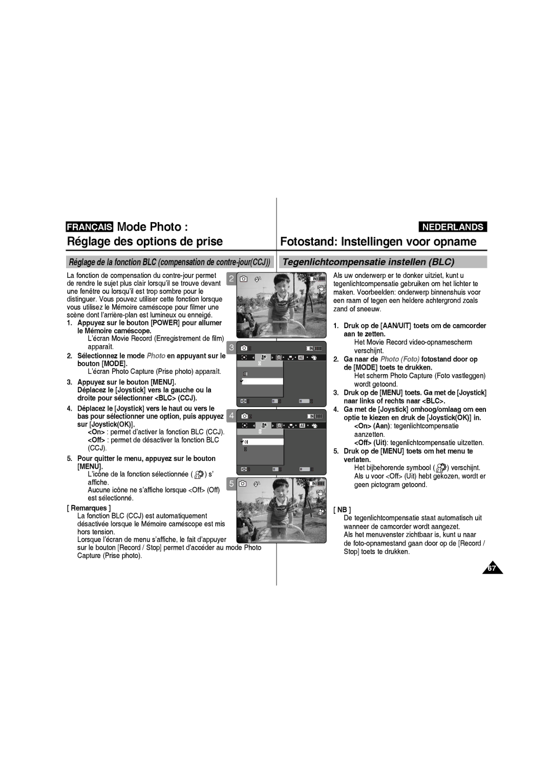 Samsung VP-MM11S/XEF manual Off permet de désactiver la fonction BLC CCJ, Off Uit tegenlichtcompensatie uitzetten 