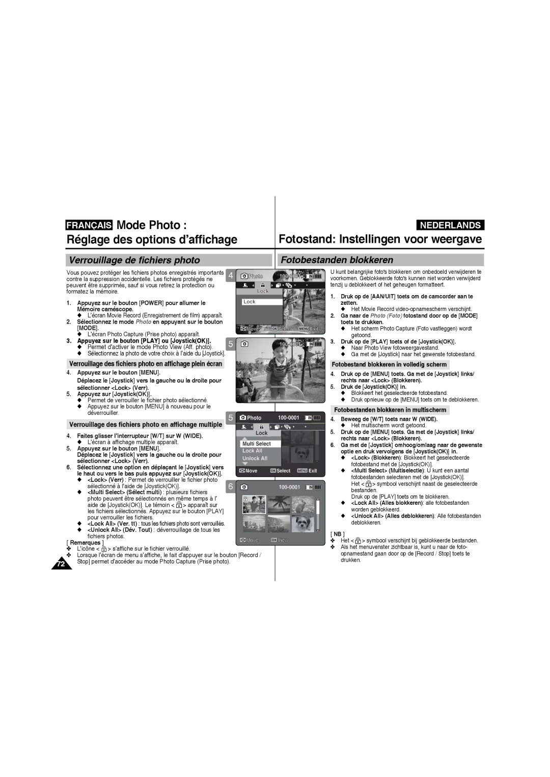 Samsung VP-MM11S/XEF manual Déverrouiller, Sélectionné à l’aide de JoystickOK, Apparaît sur, Pour verrouiller les fichiers 