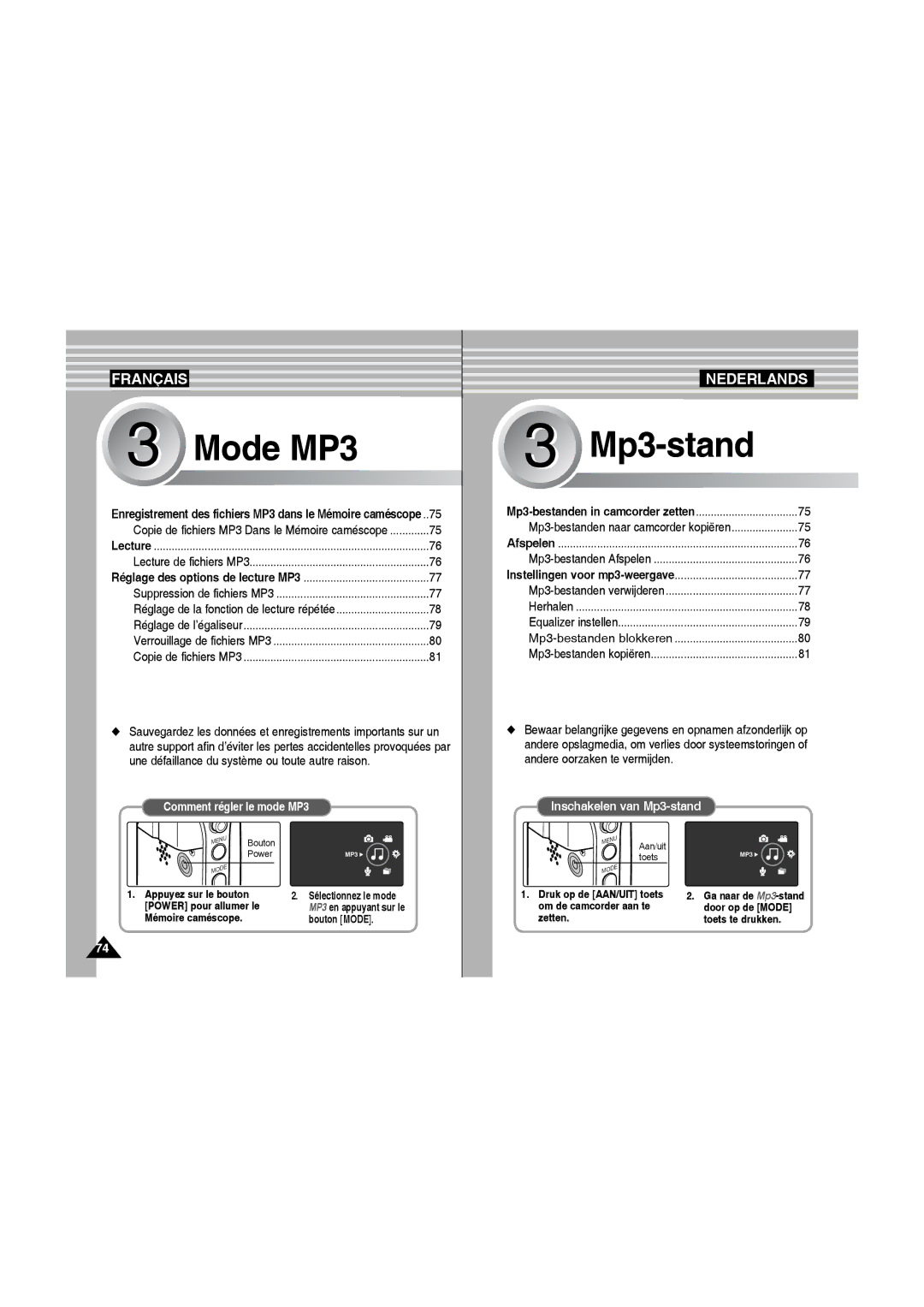 Samsung VP-MM11S/XEF manual Mp3-bestanden blokkeren, Enregistrement des fichiers MP3 dans le Mémoire caméscope 