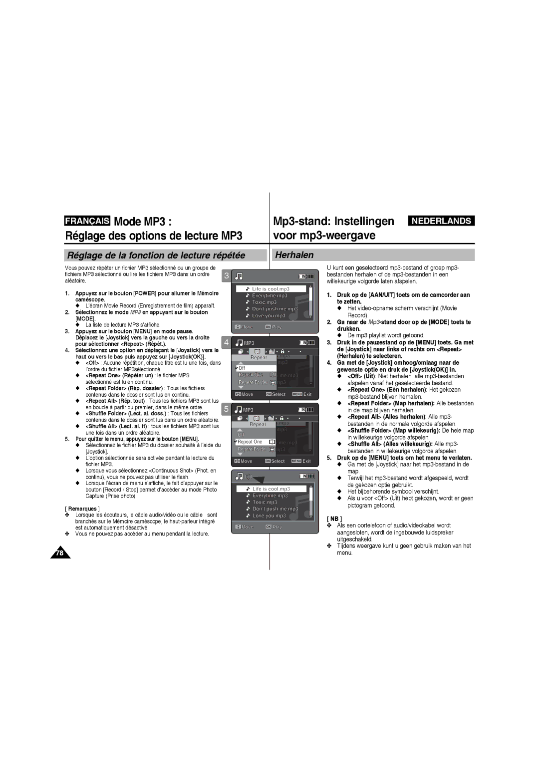 Samsung VP-MM11S/XEF manual Mode MP3, Réglage de la fonction de lecture répétée Herhalen, La liste de lecture MP3 s’affiche 
