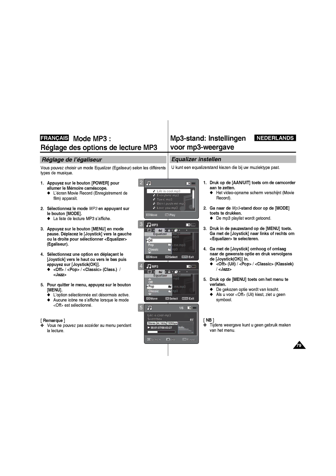 Samsung VP-MM11S/XEF manual Réglage de l’égaliseur Equalizer instellen 