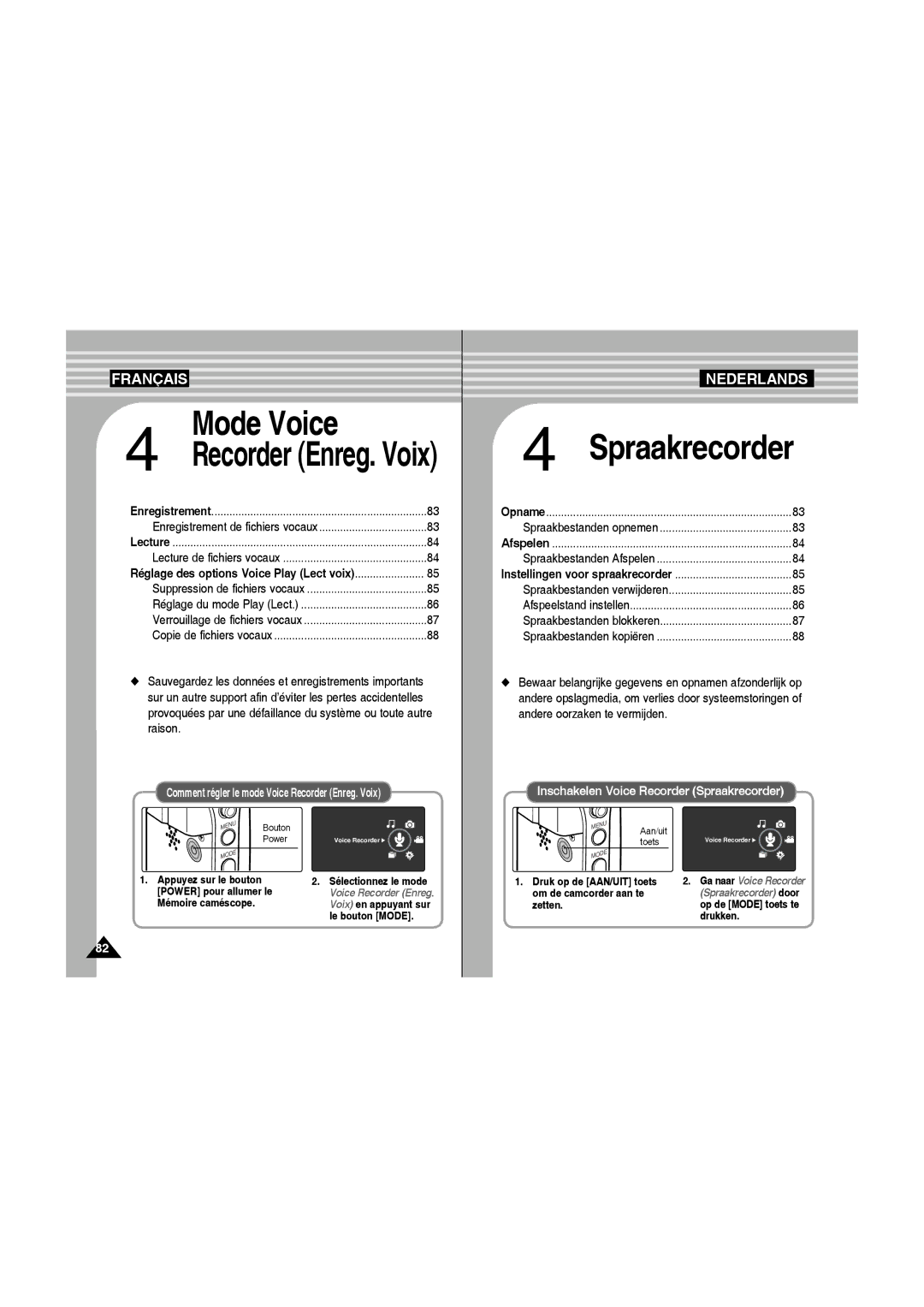 Samsung VP-MM11S/XEF manual Réglage du mode Play Lect, Enregistrement de fichiers vocaux, Lecture de fichiers vocaux 