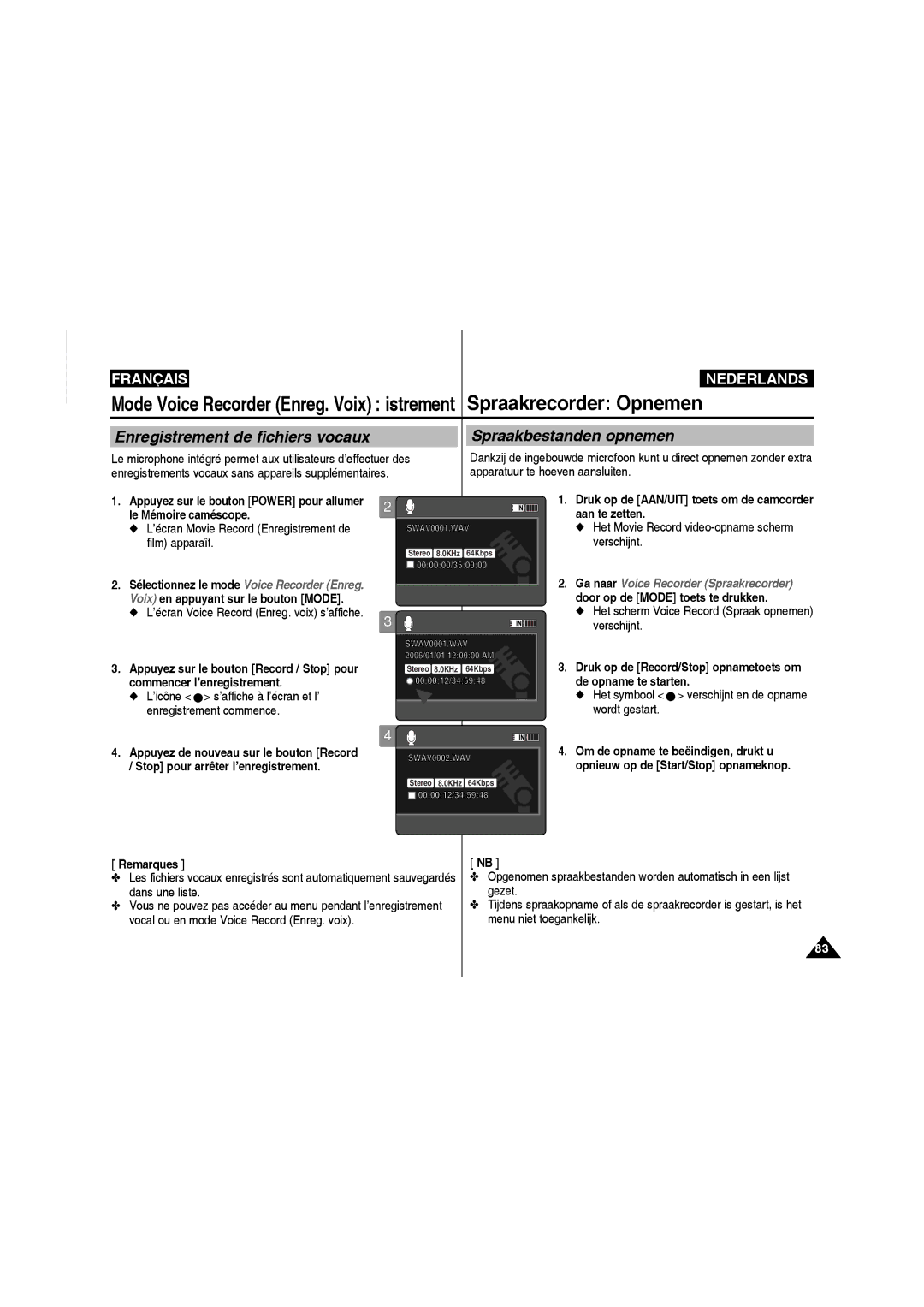 Samsung VP-MM11S/XEF manual Enregistrement de fichiers vocaux, Spraakbestanden opnemen 